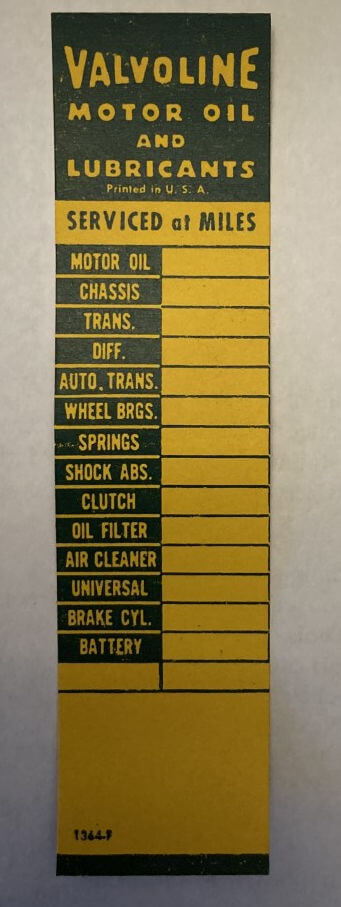 (image for) 1953 ORIGINAL Valvoline Oil Change Lubrication Sticker